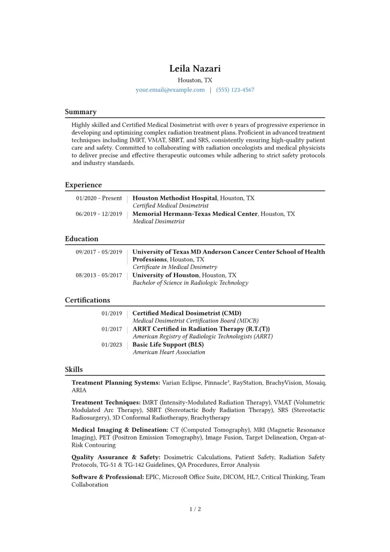Dosimetrist Resume Example CV template preview