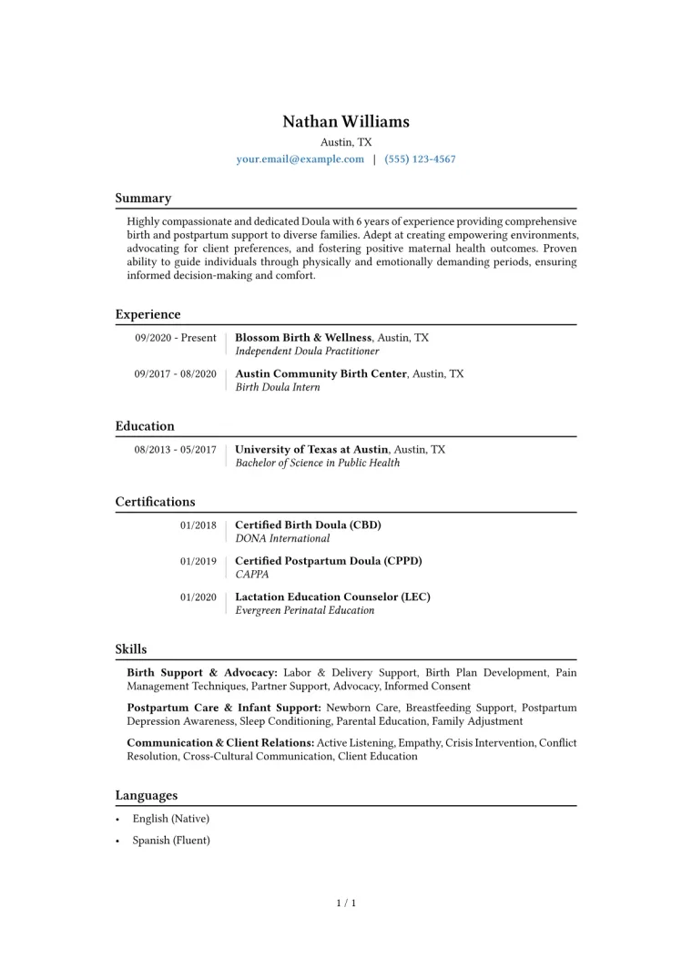 Doula Resume Example CV template preview