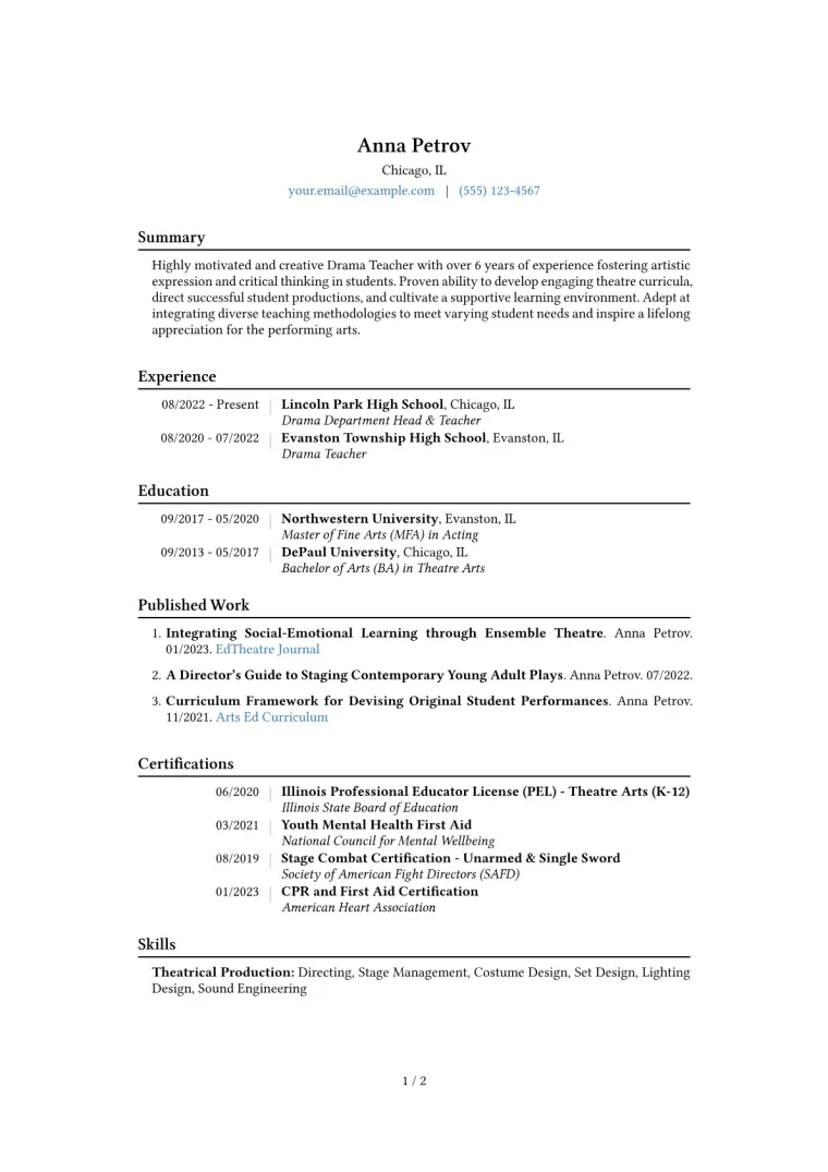 Drama Teacher Resume Example CV template preview