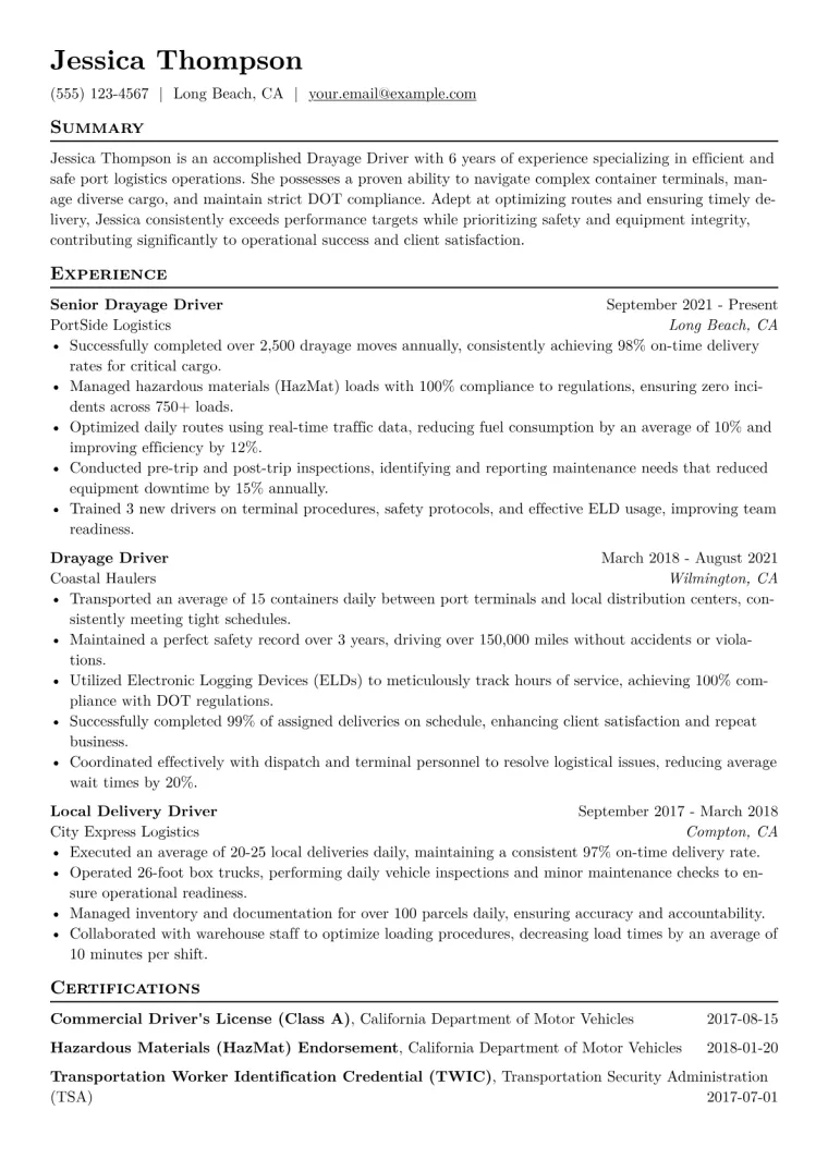 Drayage Driver Resume Example CV template preview