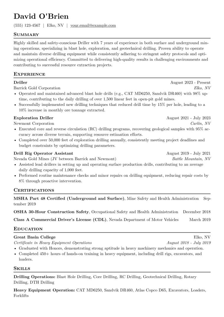 Driller Resume Example CV template preview