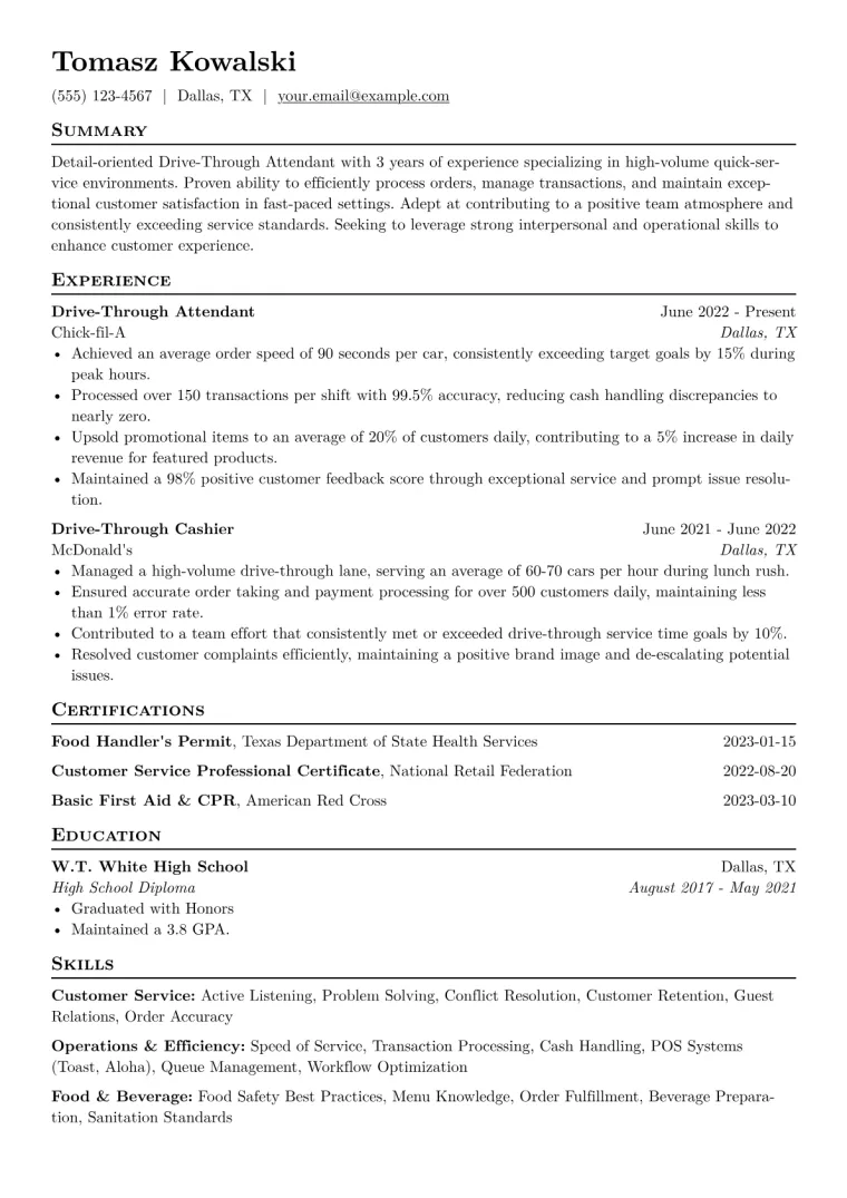 Drive-Through Attendant Resume Example CV template preview