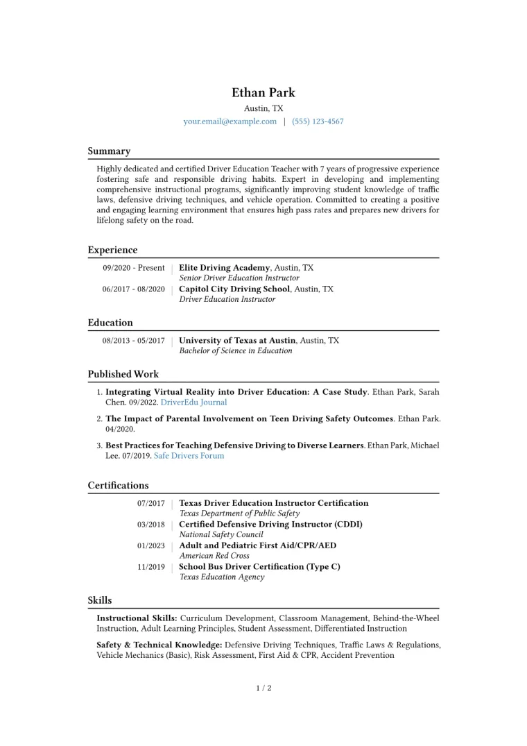 Driver Education Teacher Resume Example CV template preview