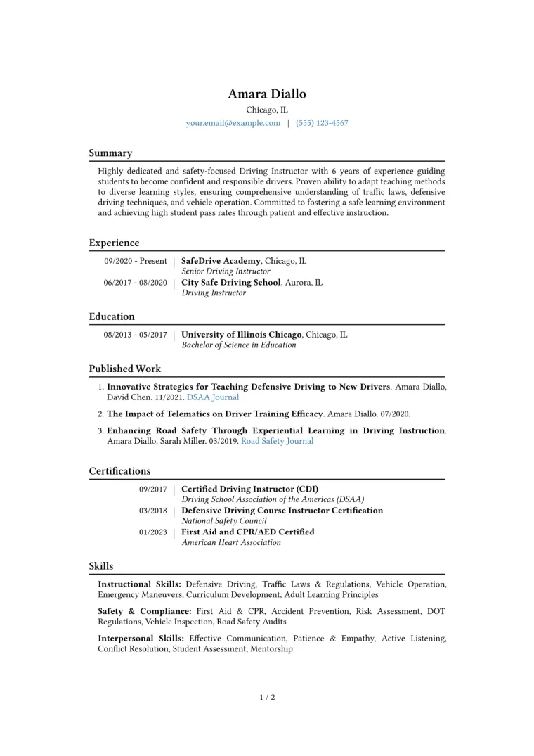 Driving Instructor Resume Example CV template preview