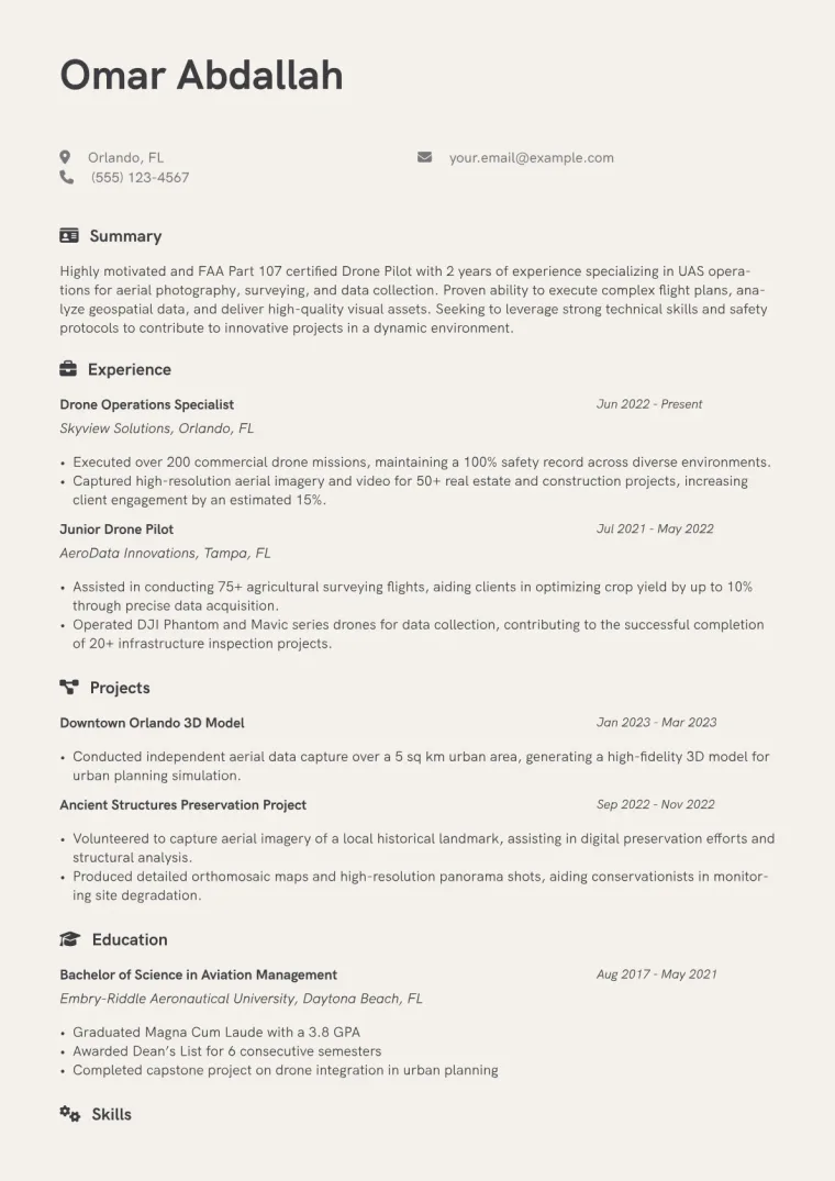 Drone Pilot Resume Example CV template preview