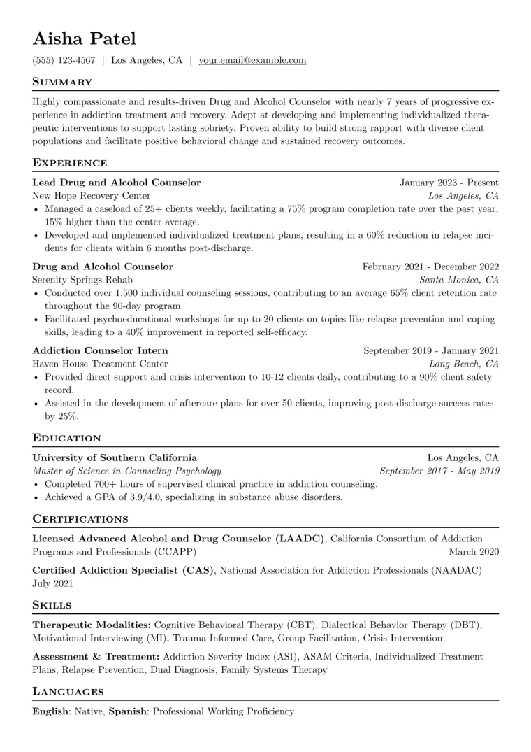 Drug and Alcohol Counselor Resume Example CV template preview