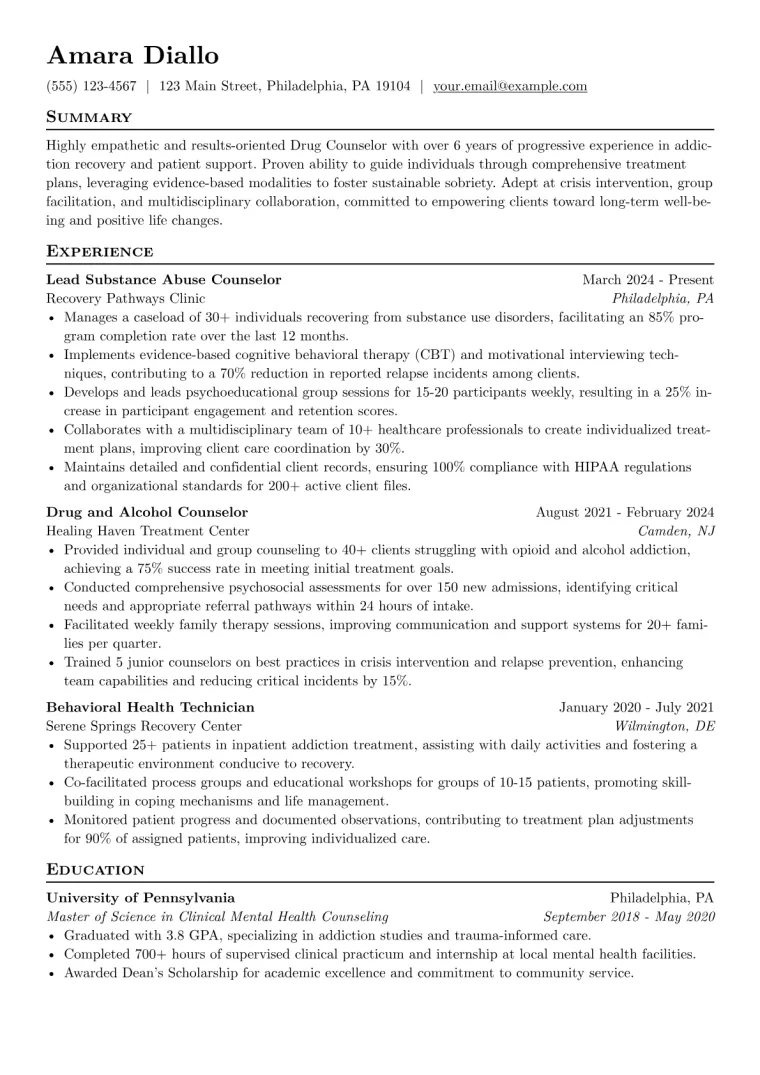 Drug Counselor Resume Example CV template preview
