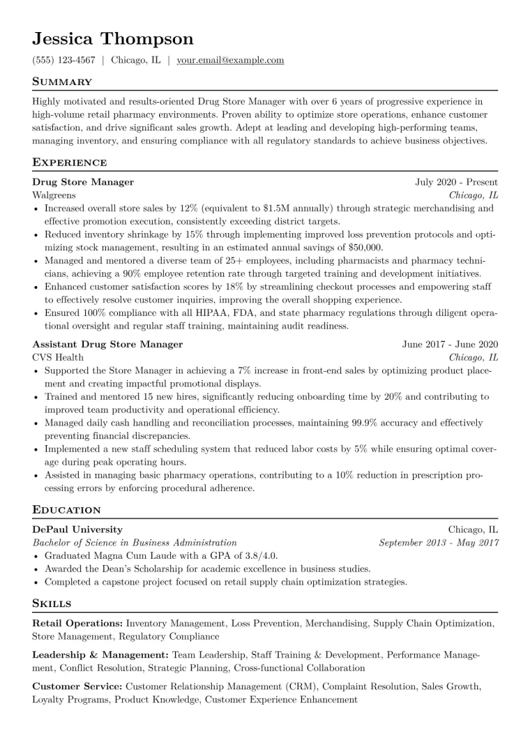 Drug Store Manager Resume Example CV template preview