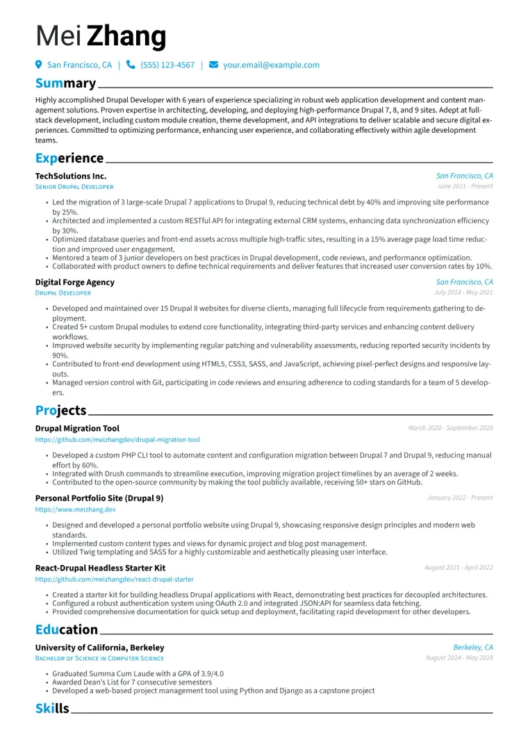 Drupal Developer Resume Example CV template preview