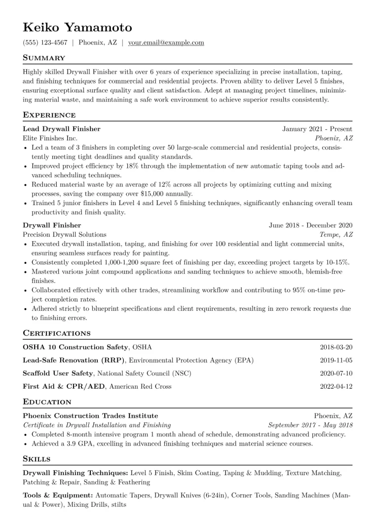 Drywall Finisher Resume Example CV template preview