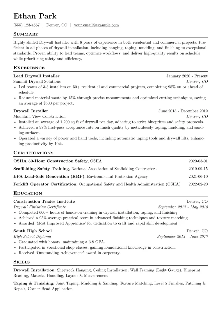 Drywall Installer Resume Example CV template preview
