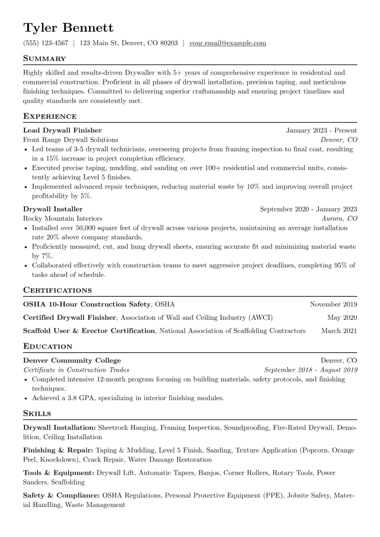 Drywaller Resume Example preview