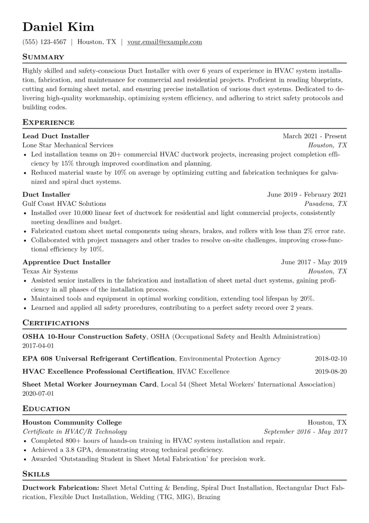 Duct Installer Resume Example CV template preview