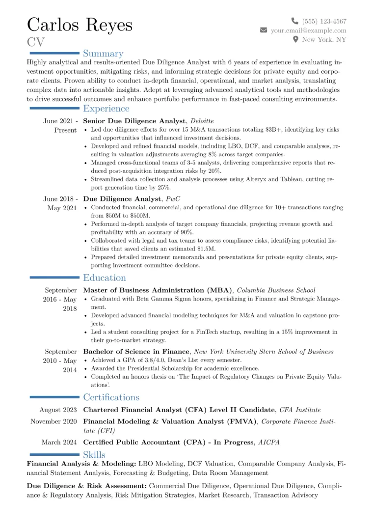 Due Diligence Analyst Resume Example CV template preview