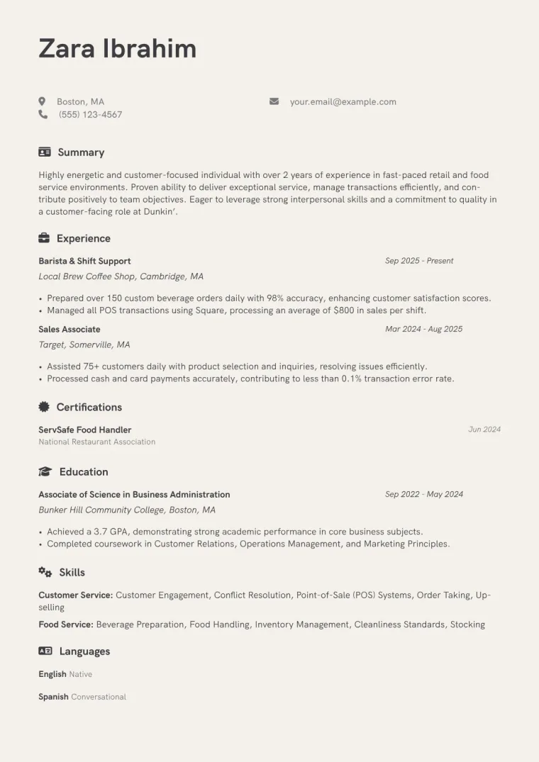 Dunkin' Resume Example preview