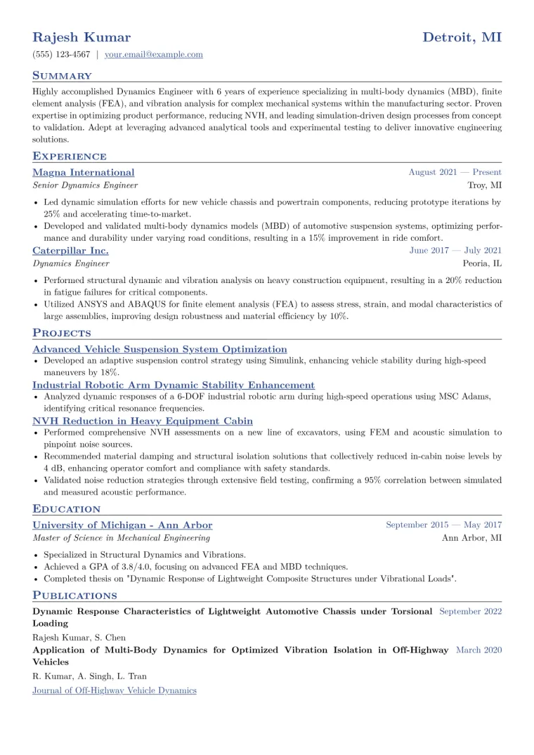 Dynamics Engineer Resume Example CV template preview