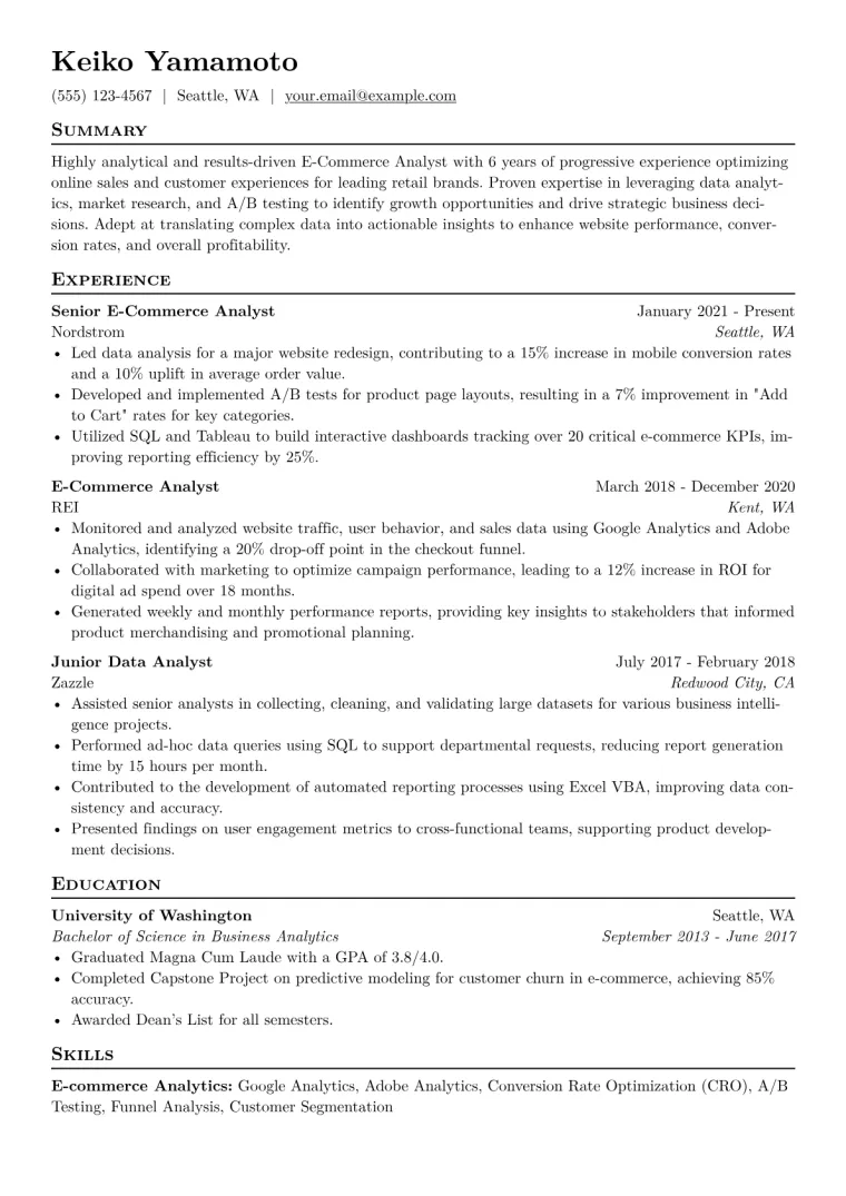 E-Commerce Analyst Resume Example CV template preview