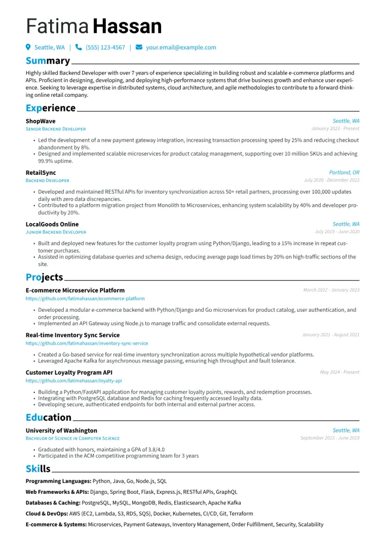 E-commerce Backend Developer Resume Example CV template preview