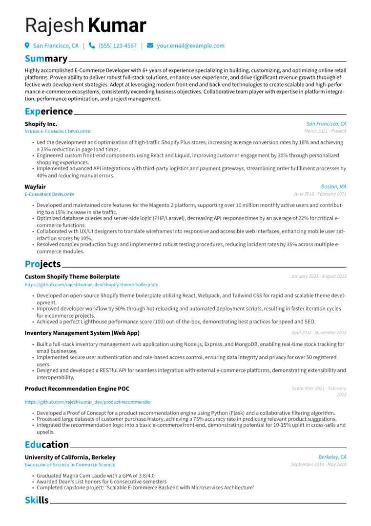 E-Commerce Developer Resume Example CV template preview