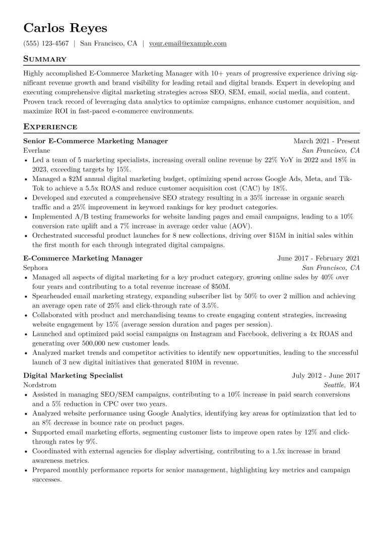 E-Commerce Marketing Manager Resume Example CV template preview