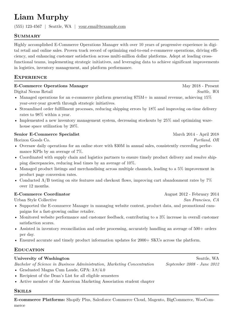 E-Commerce Operations Manager Resume Example CV template preview