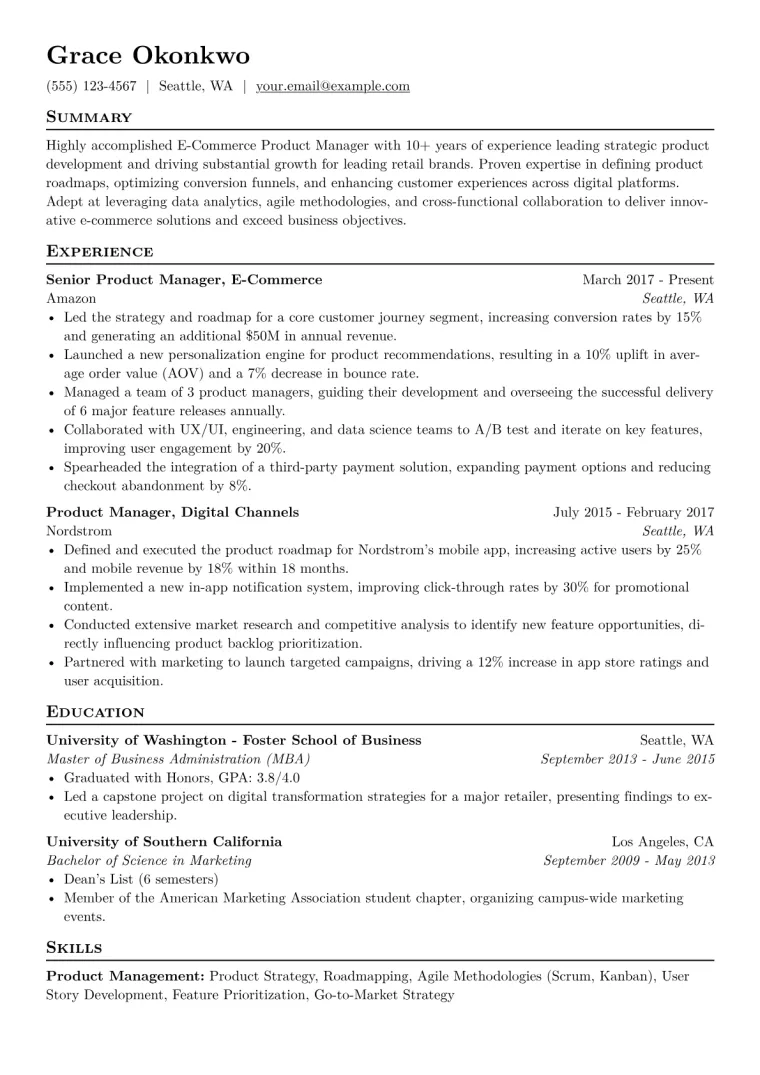 E-Commerce Product Manager Resume Example CV template preview