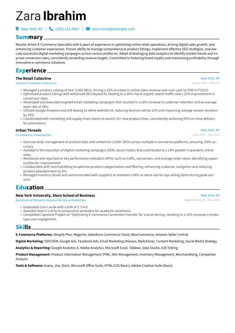 E-Commerce Specialist Resume Example CV template preview