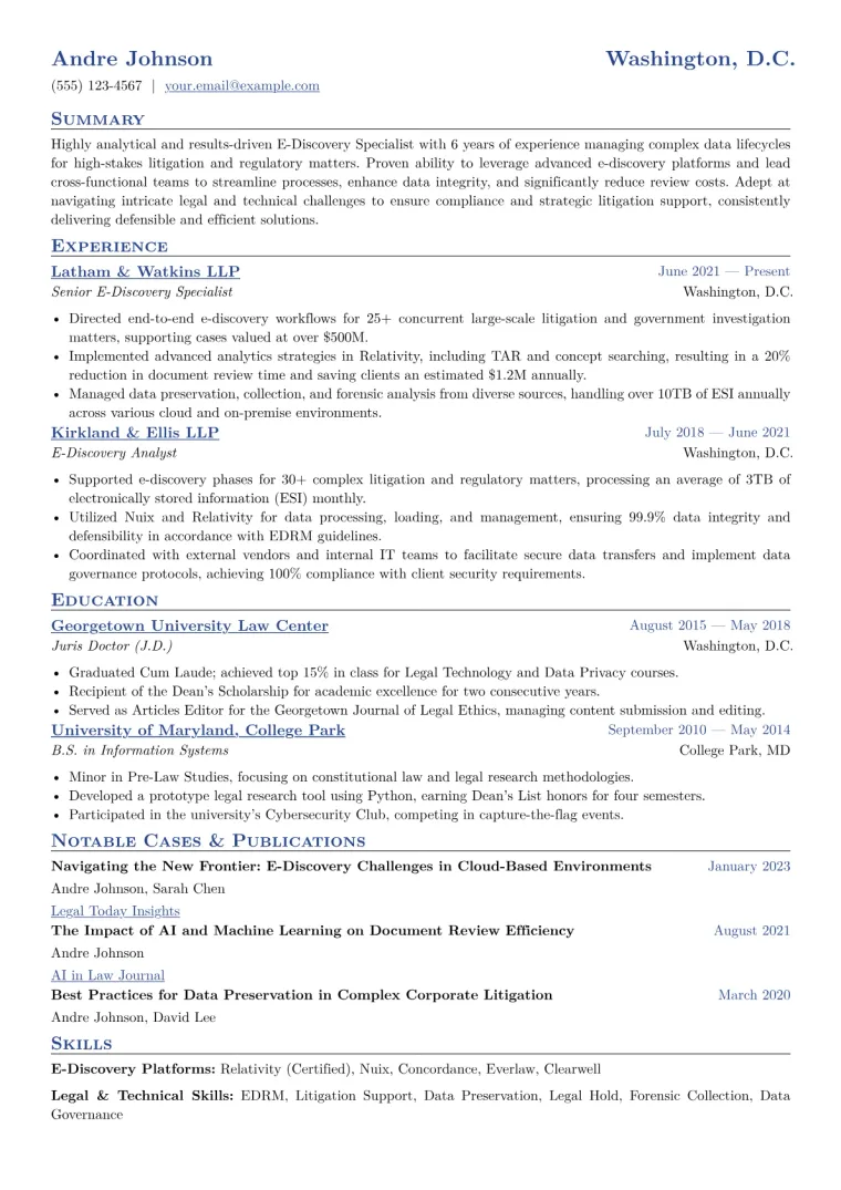 E-Discovery Specialist Resume Example CV template preview