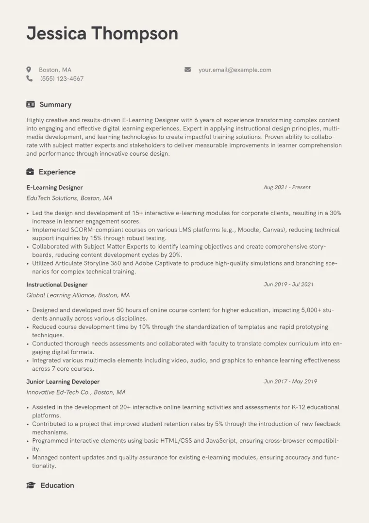 E-Learning Designer Resume Example CV template preview