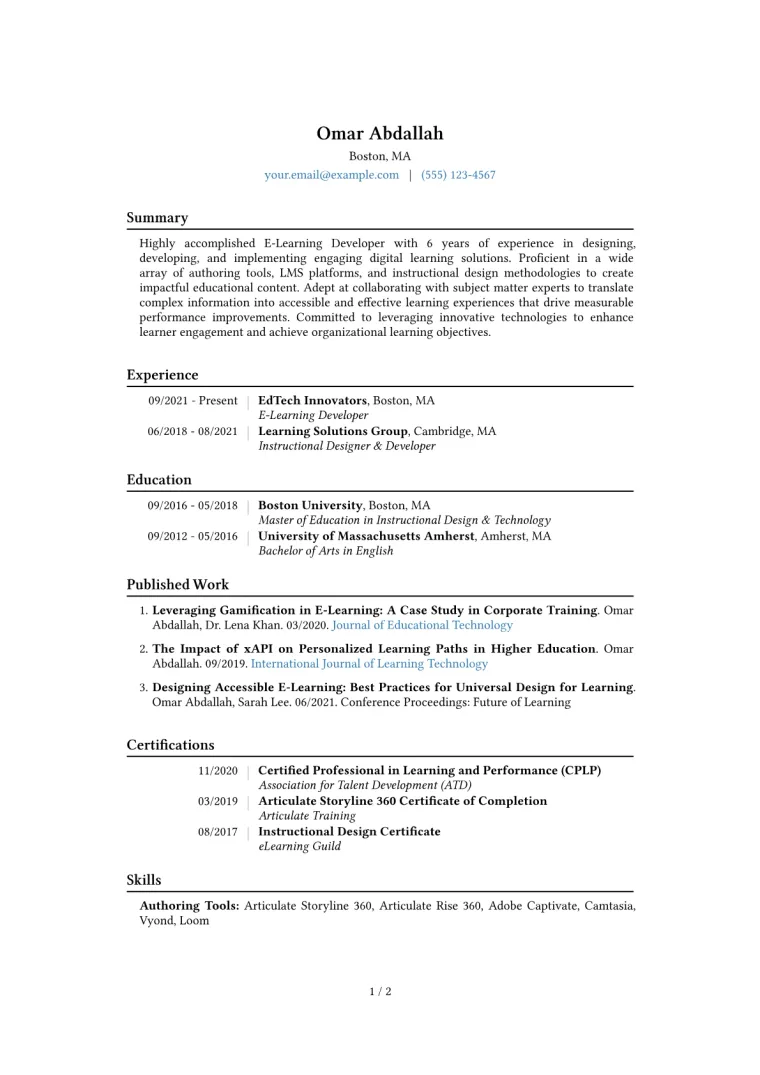 E-Learning Developer Resume Example CV template preview