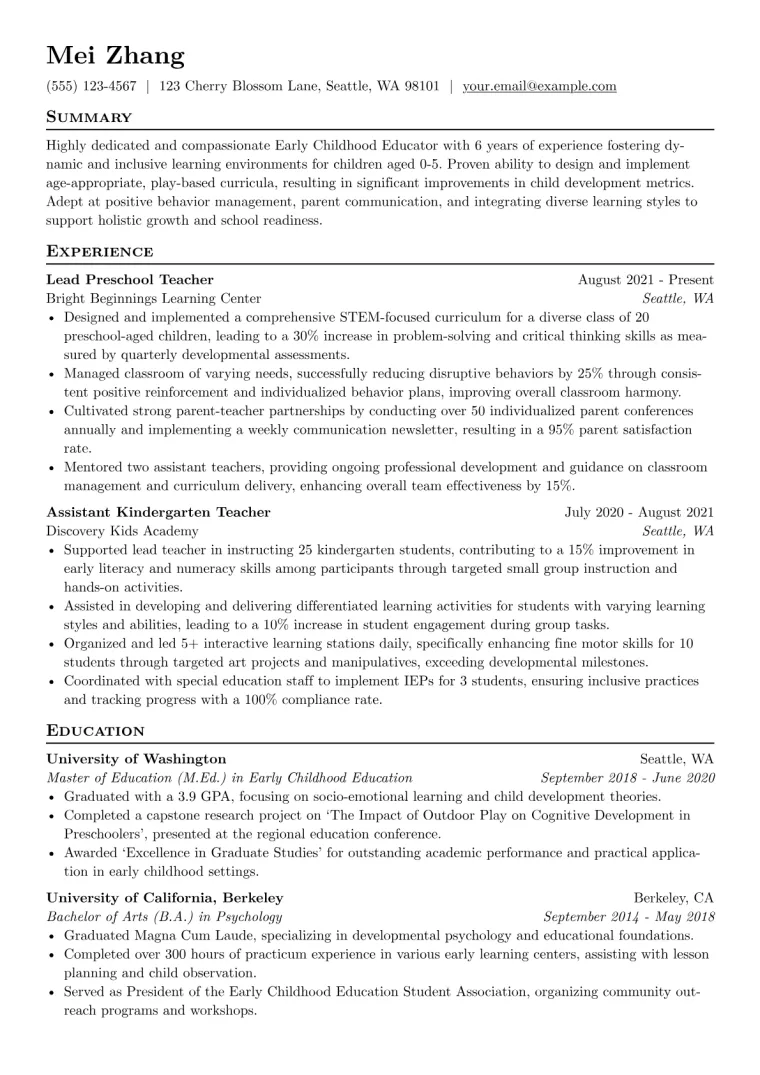 Early Childhood Education Resume Example CV template preview