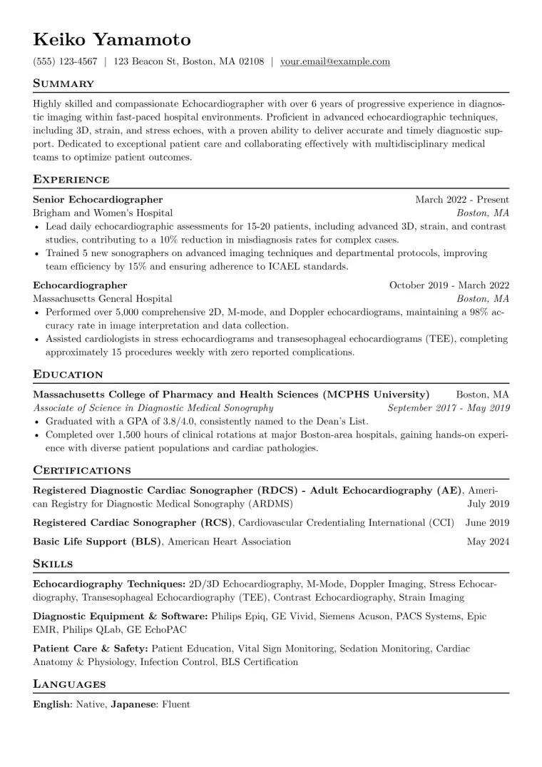 Echocardiographer Resume Example CV template preview