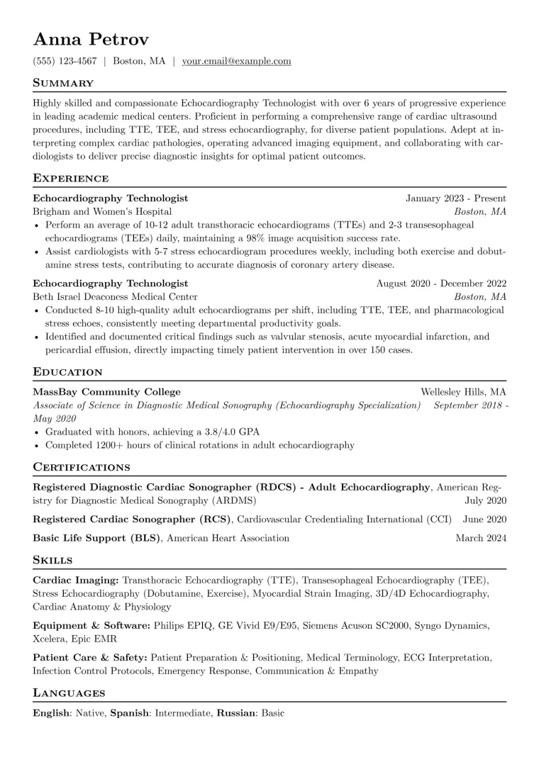 Echocardiography Technologist Resume Example CV template preview