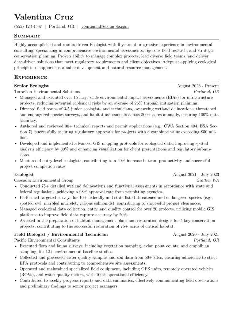 Ecologist Resume Example CV template preview