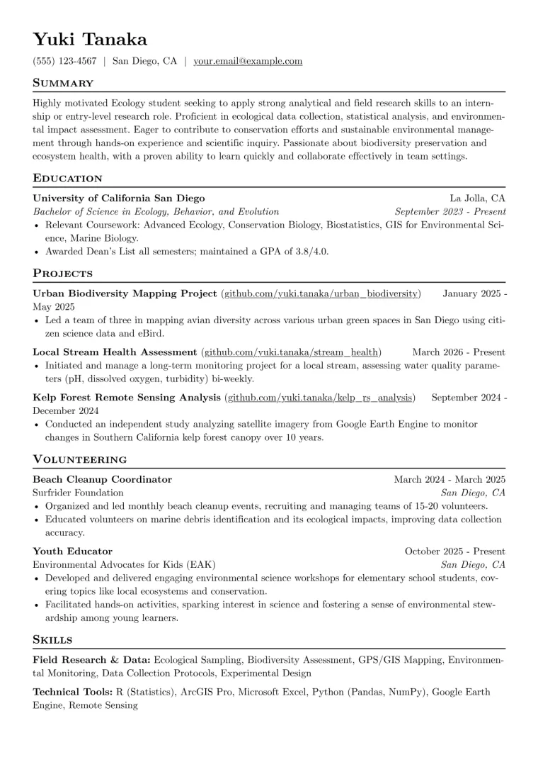 Ecology Student Resume Example CV template preview
