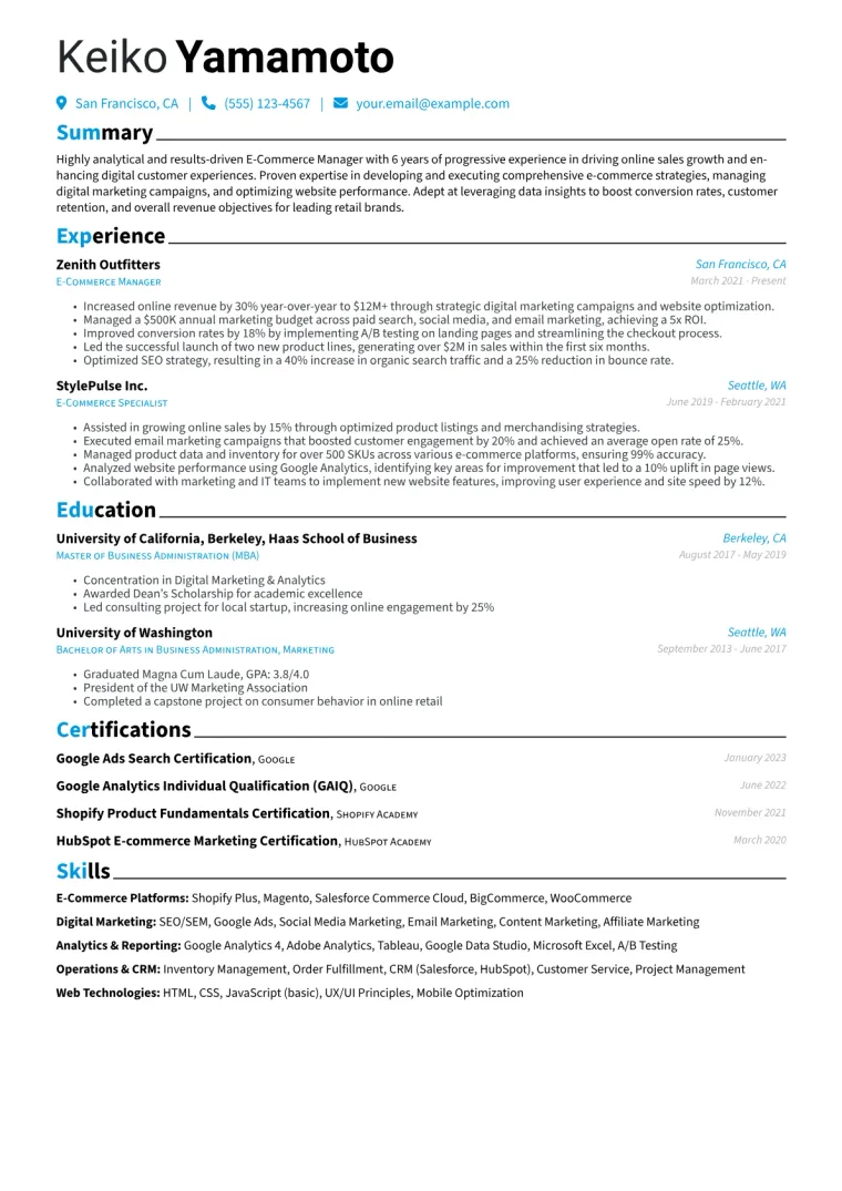 E-Commerce Manager Resume Example CV template preview