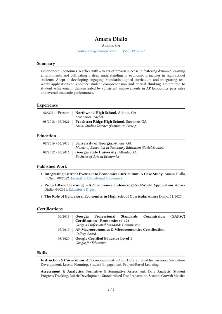 Economics Teacher Resume Example CV template preview