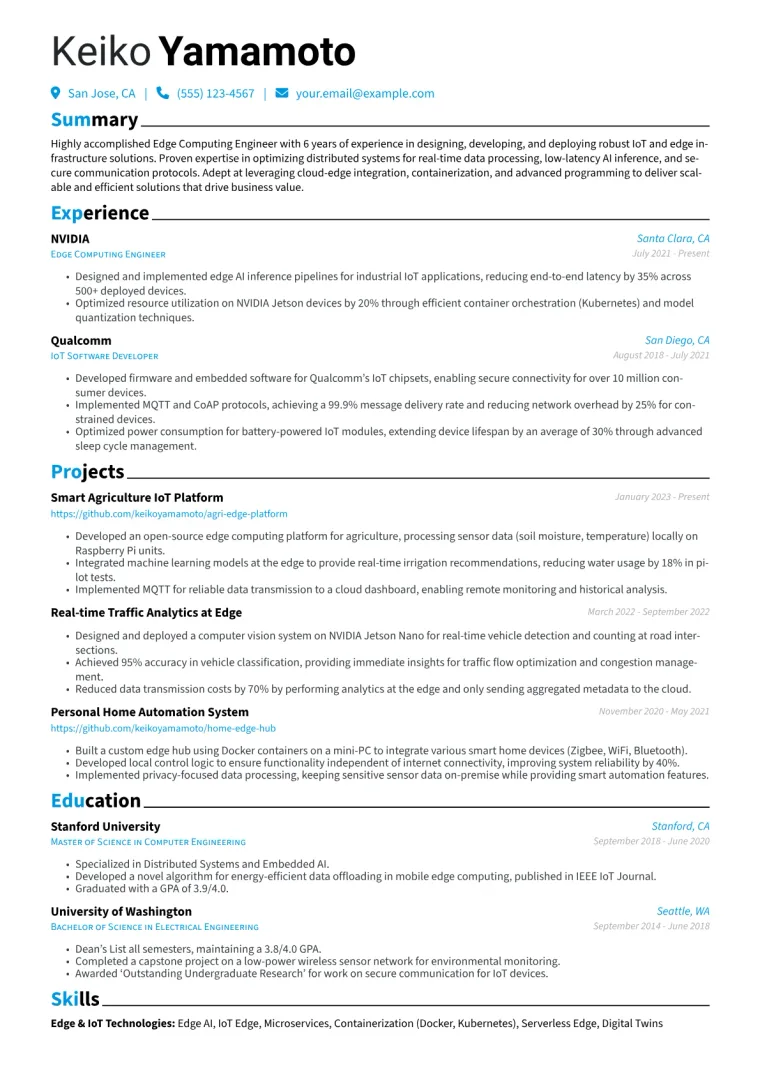 Edge Computing Engineer Resume Example CV template preview