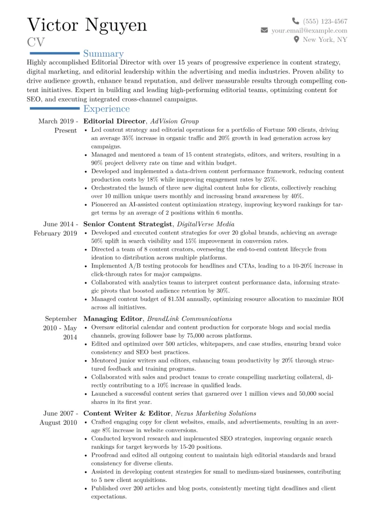 Editorial Director Resume Example CV template preview