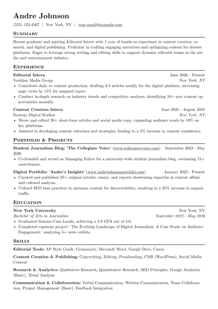 Editorial Intern Resume Example preview