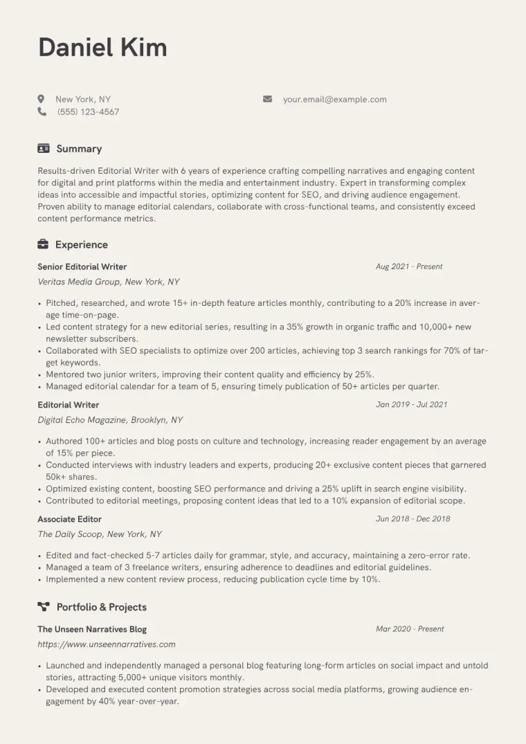 Editorial Writer Resume Example CV template preview