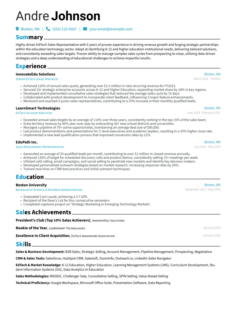 EdTech Sales Representative Resume Example CV template preview