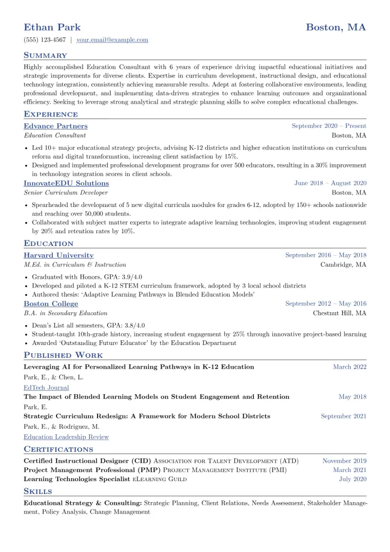 Education Consultant Resume Example CV template preview