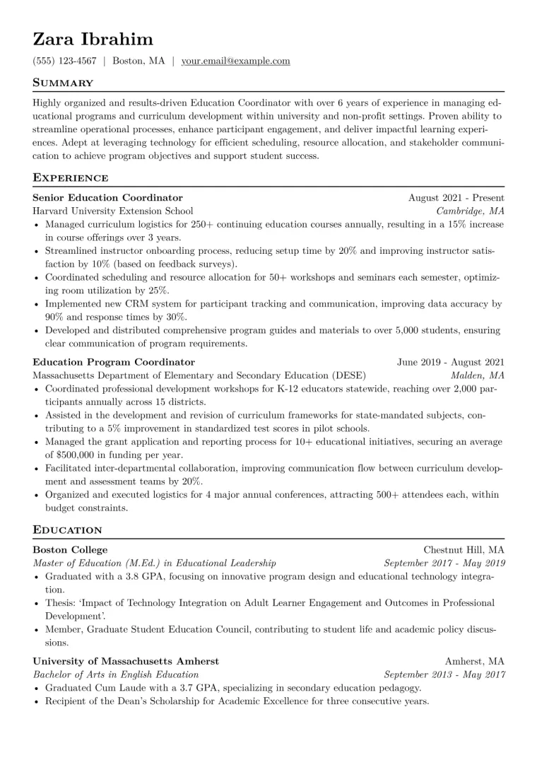Education Coordinator Resume Example CV template preview