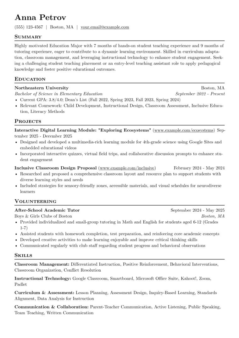 Education Major Resume Example CV template preview