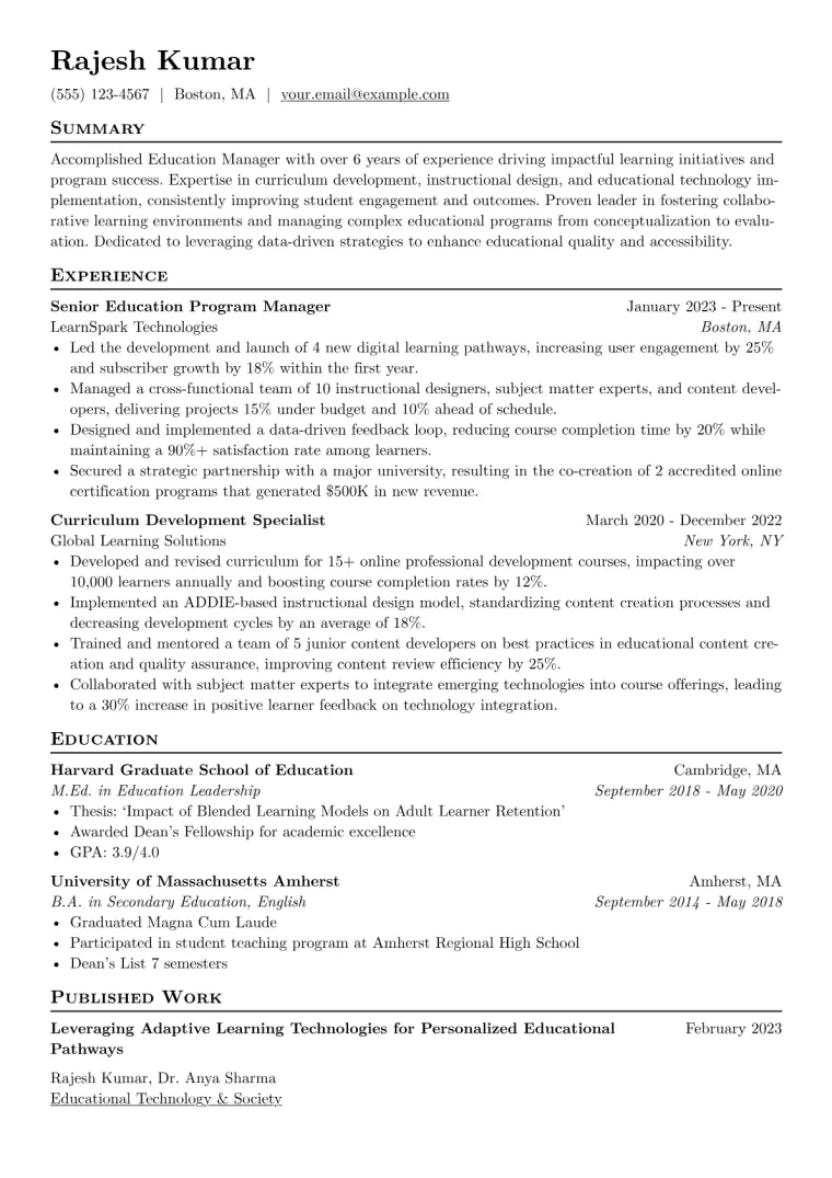 Education Manager Resume Example CV template preview