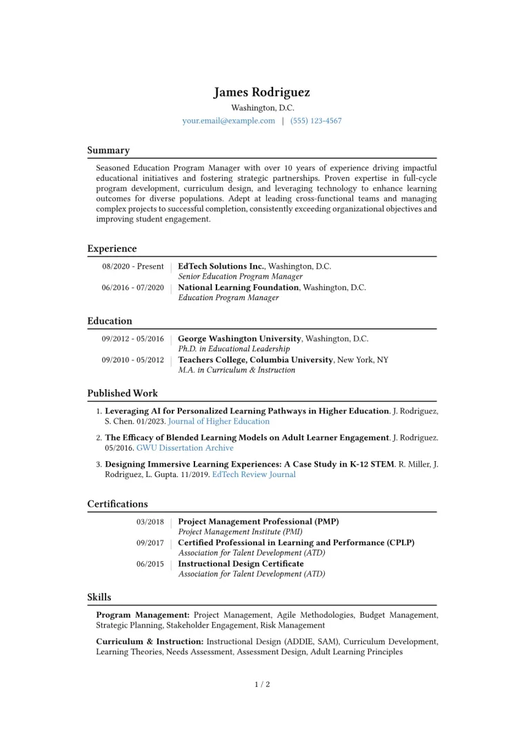 Education Program Manager Resume Example CV template preview