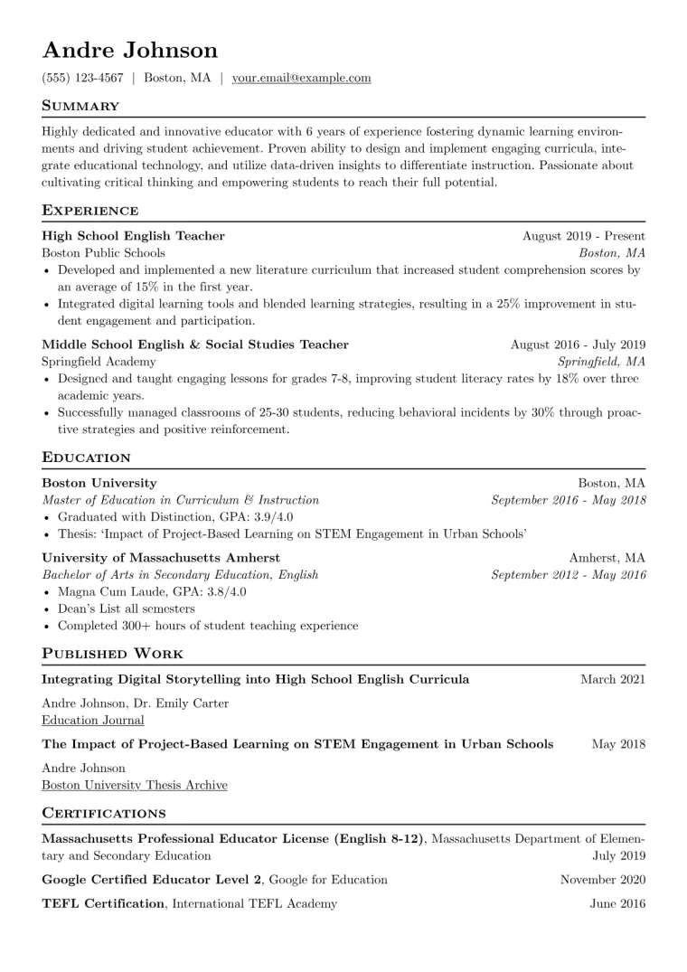 Education Resume Example CV template preview