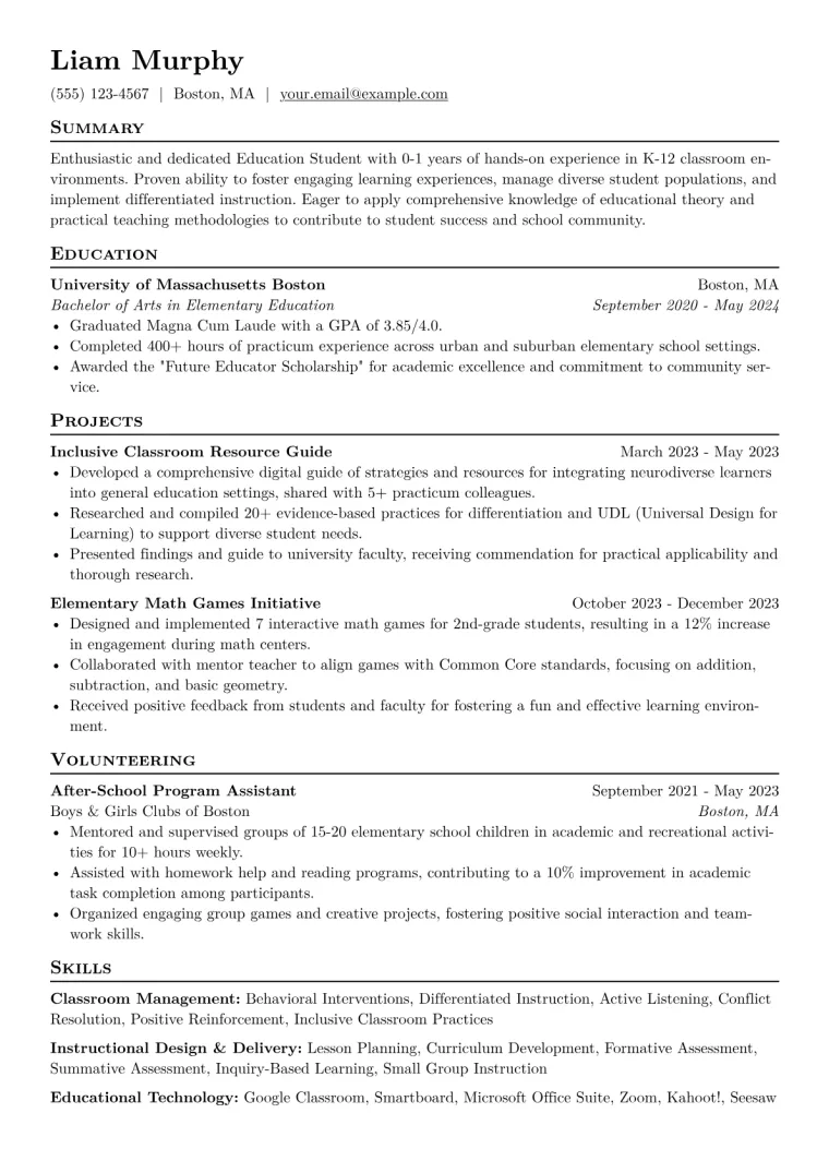 Education Student Resume Example CV template preview