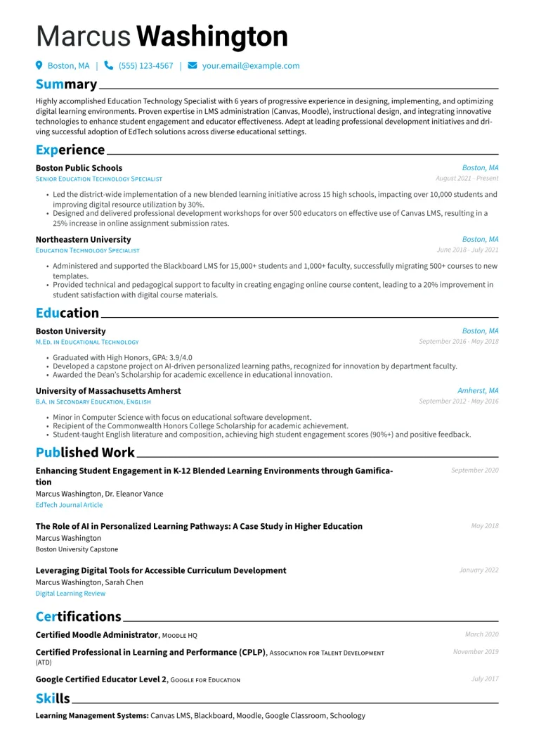 Education Technology Specialist Resume Example CV template preview